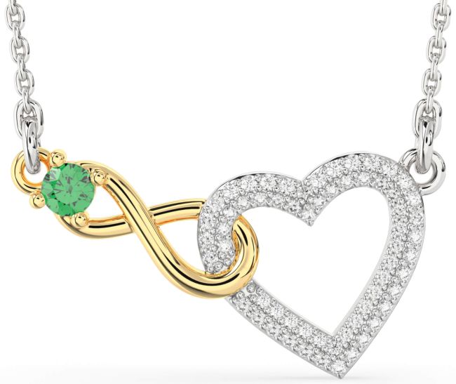 Large Diamond & Emerald Silver & 10K gold Heart Infinity Interlock Necklace