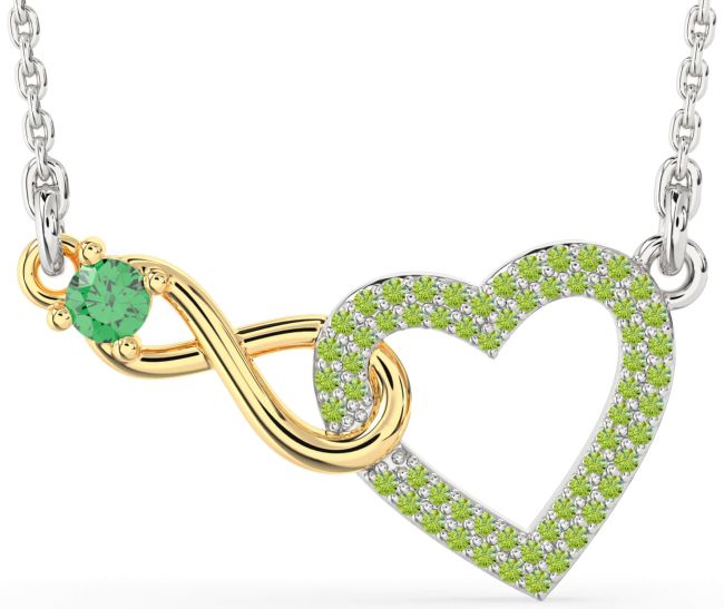 Large Emerald & Peridot Gold Silver Heart Infinity Interlock Necklace