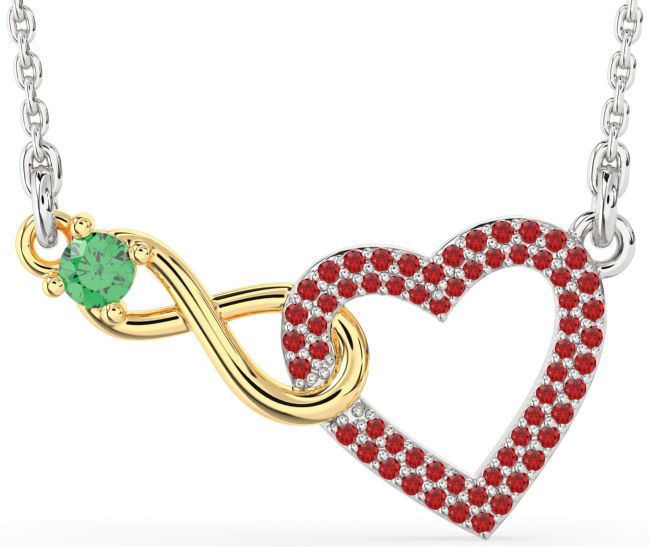Large Emerald & Ruby Gold Silver Heart Infinity Interlock Necklace