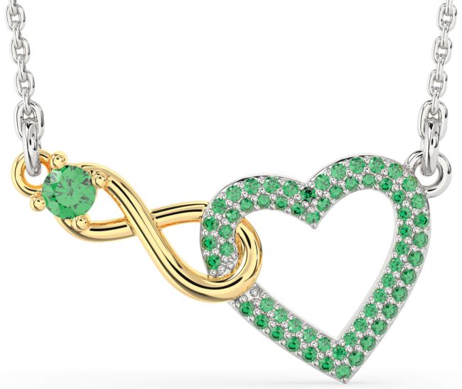 Large Emerald Gold Silver Heart Infinity Interlock Necklace