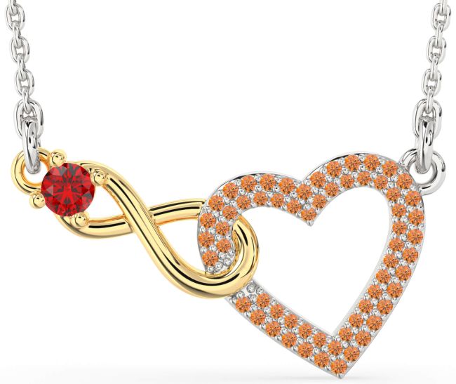Large Ruby & Citrine Gold Silver Heart Infinity Interlock Necklace