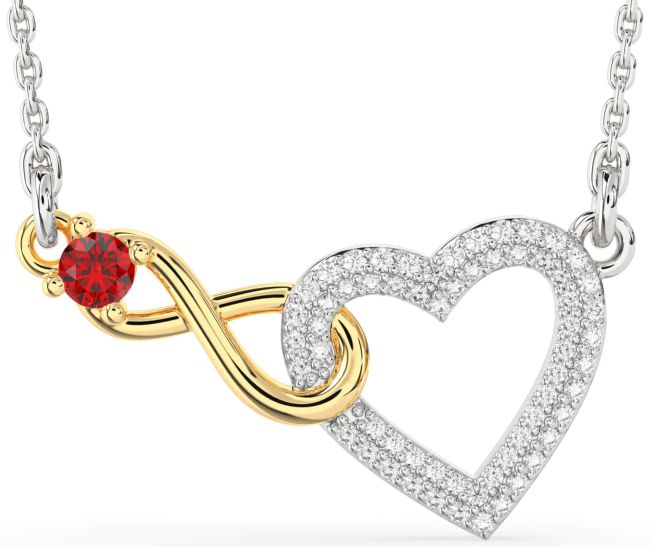 Large Diamond & Ruby Gold Silver Heart Infinity Interlock Necklace