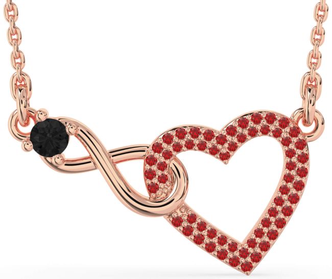 Large Black Diamond & Ruby Rose Gold Heart Infinity Interlock Necklace