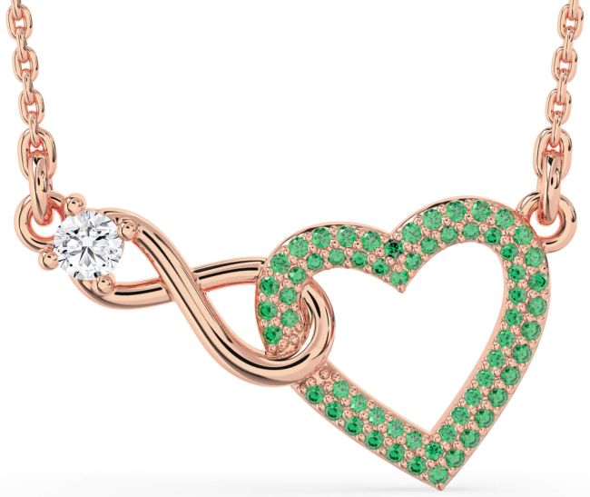 Large Emerald & Diamond Rose Gold Heart Infinity Interlock Necklace