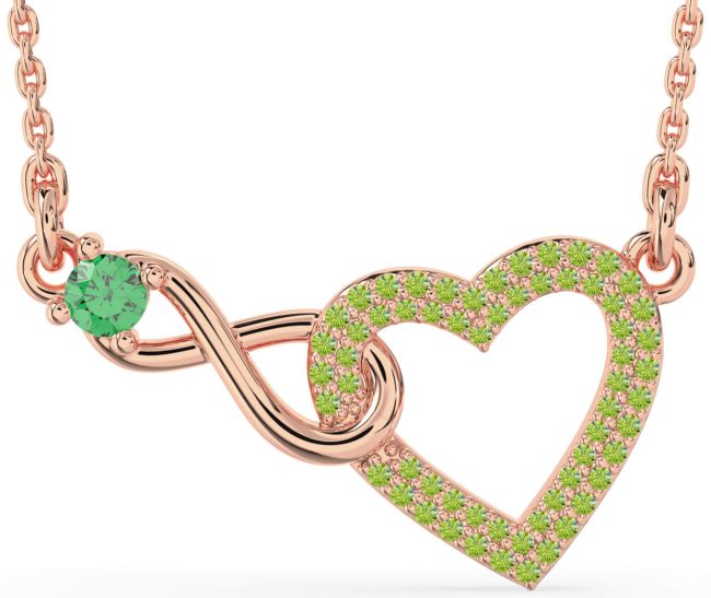 Large Emerald & Peridot Rose Gold Heart Infinity Interlock Necklace