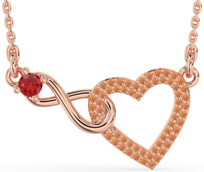 Large Ruby & Citrine Rose Gold Heart Infinity Interlock Necklace
