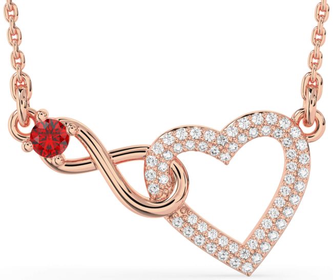 Large Diamond & Ruby Rose Gold Heart Infinity Interlock Necklace