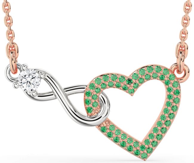 Large Emerald & Diamond Rose Gold Silver Heart Infinity Interlock Necklace