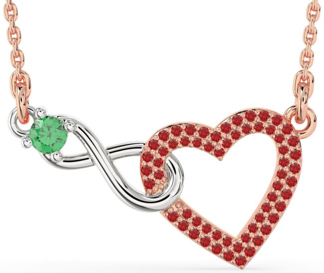 Large Emerald & Ruby Rose Gold Silver Heart Infinity Interlock Necklace