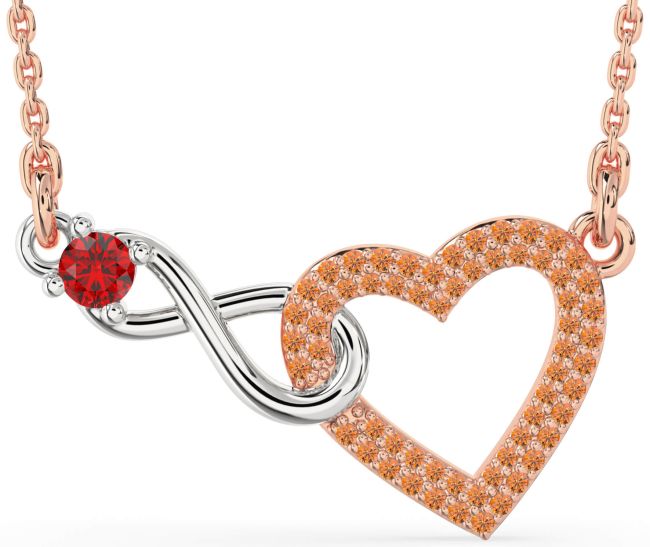 Large Ruby & Citrine Rose Gold Silver Heart Infinity Interlock Necklace
