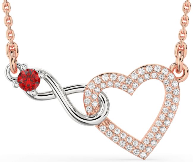 Large Diamond & Ruby Rose Gold Silver Heart Infinity Interlock Necklace