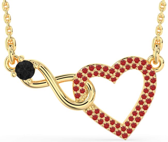 Large Black Diamond & Ruby Gold Heart Infinity Interlock Necklace