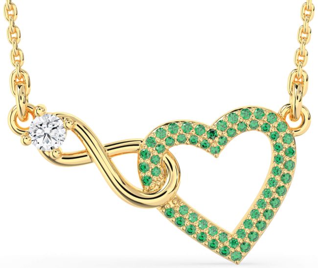 Large Emerald & Diamond Gold Heart Infinity Interlock Necklace
