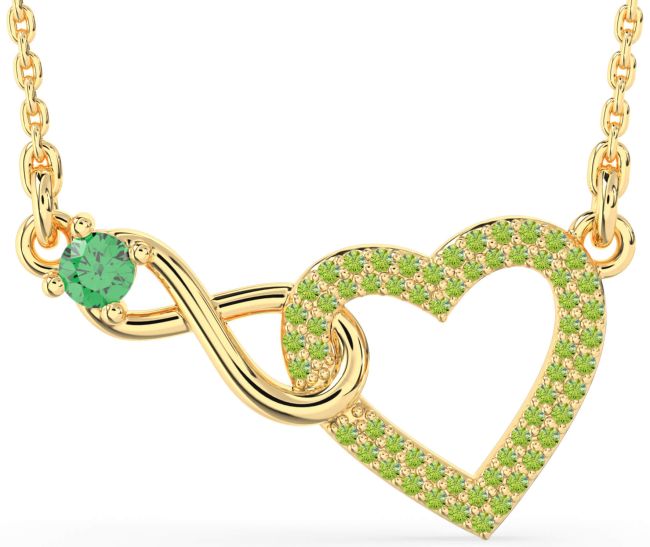 Large Emerald & Peridot Gold Heart Infinity Interlock Necklace