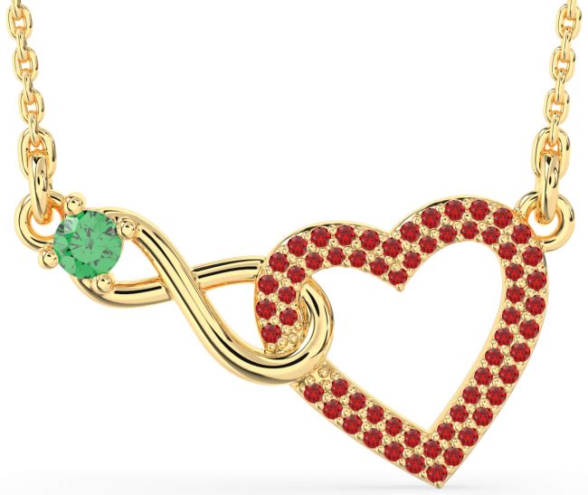 Large Emerald & Ruby Gold Heart Infinity Interlock Necklace