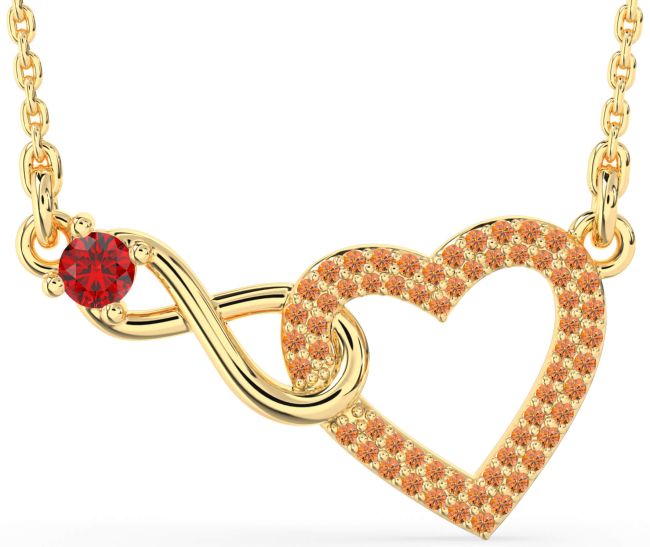 Large Ruby & Citrine Gold Heart Infinity Interlock Necklace