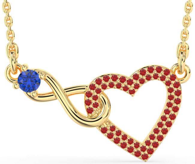 Large Blue Sapphire & Ruby Gold Heart Infinity Interlock Necklace