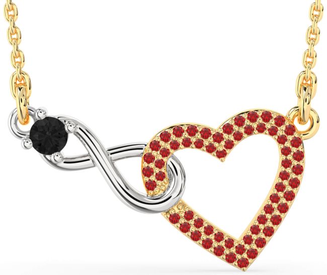 Large Black Diamond & Ruby Gold Silver Heart Infinity Interlock Necklace
