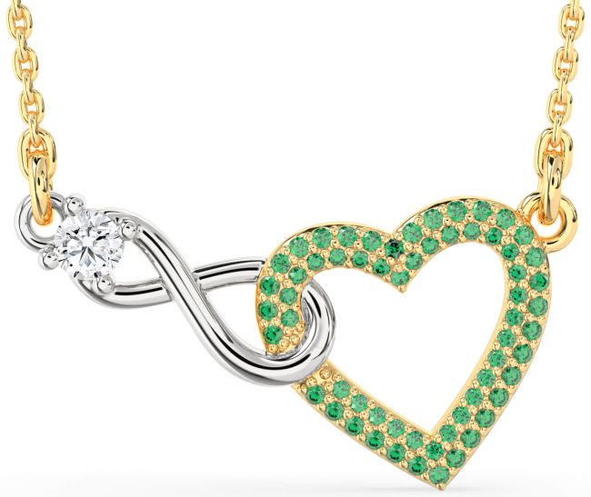 Large Emerald & Diamond Gold Silver Heart Infinity Interlock Necklace