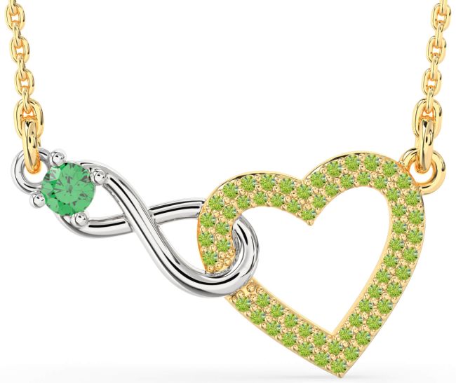 Large Emerald & Peridot Gold Silver Heart Infinity Interlock Necklace