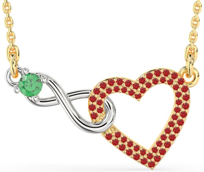 Large Emerald & Ruby Gold Silver Heart Infinity Interlock Necklace
