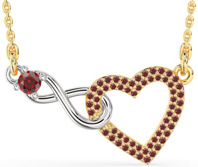 Large Garnet Gold Silver Heart Infinity Interlock Necklace