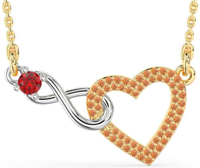 Large Ruby & Citrine Gold Silver Heart Infinity Interlock Necklace