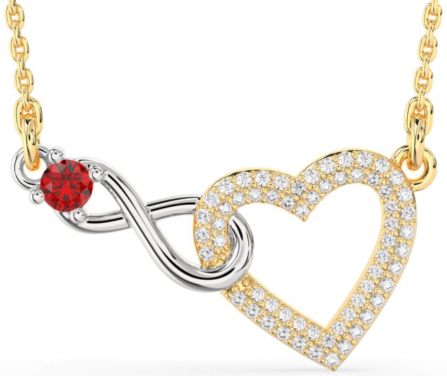 Large Diamond & Ruby Gold Silver Heart Infinity Interlock Necklace
