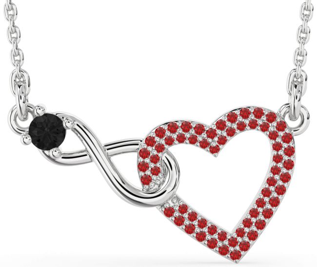 Large Black Diamond & Ruby Silver Heart Infinity Interlock Necklace
