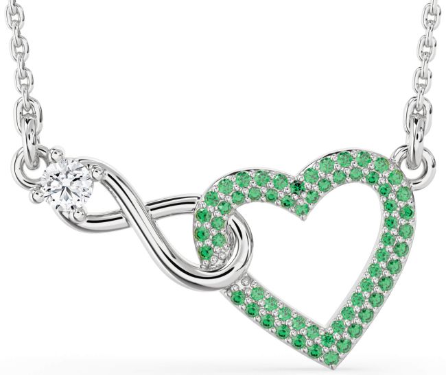 Large Emerald & Diamond Platinum Heart Infinity Interlock Necklace