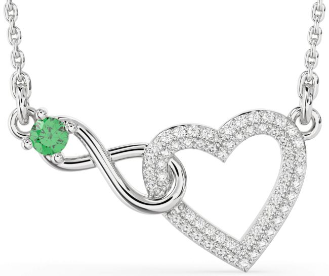 Large Diamond & Emerald Platinum Heart Infinity Interlock Necklace