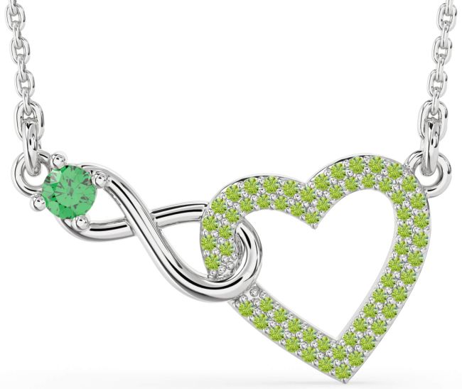 Large Emerald & Peridot Silver Heart Infinity Interlock Necklace
