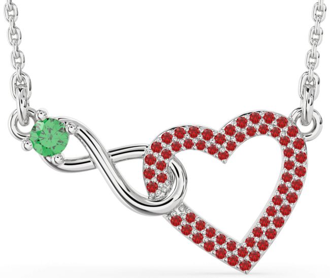 Large Emerald & Ruby Silver Heart Infinity Interlock Necklace