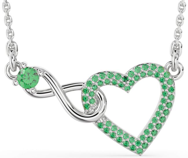 Large Emerald Silver Heart Infinity Interlock Necklace