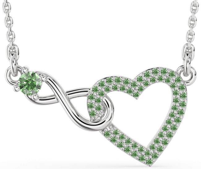 Large Green Diamond Platinum Heart Infinity Interlock Necklace