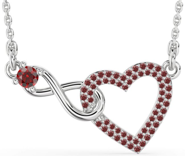 Large Garnet Silver Heart Infinity Interlock Necklace
