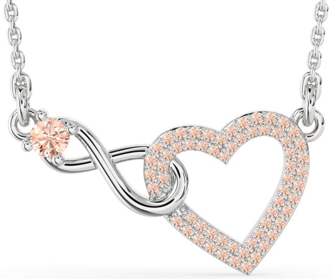 Large Morganite Silver Heart Infinity Interlock Necklace