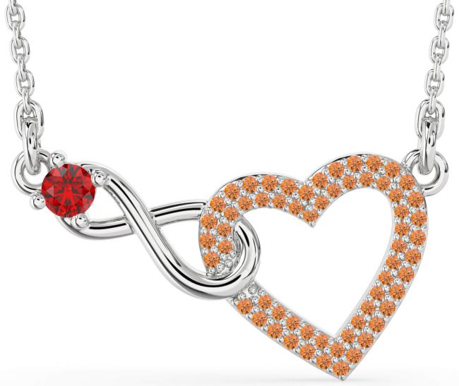 Large Ruby & Citrine Silver Heart Infinity Interlock Necklace