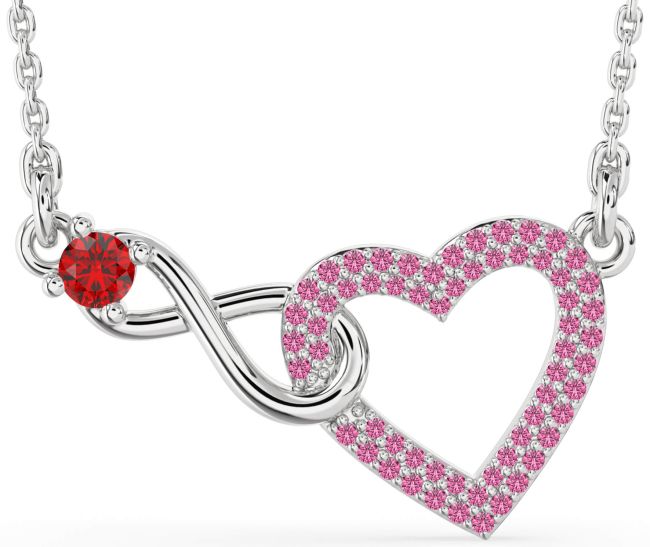Large Ruby & Pink Sapphire Silver Heart Infinity Interlock Necklace