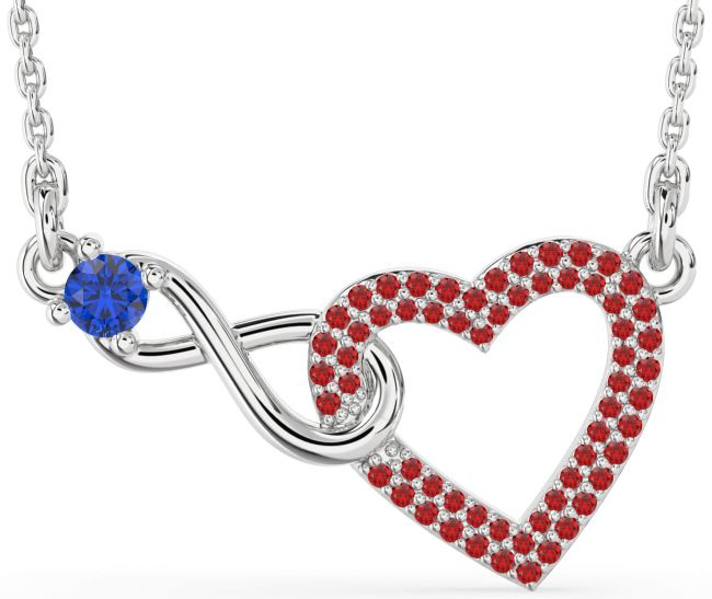 Large Blue Sapphire & Ruby Silver Heart Infinity Interlock Necklace