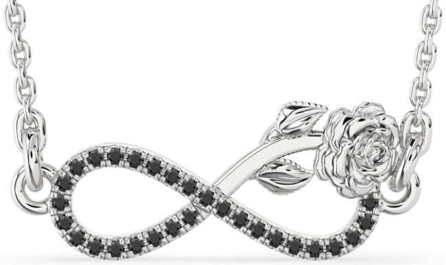 Black Onyx Silver Infinity Flower Necklace