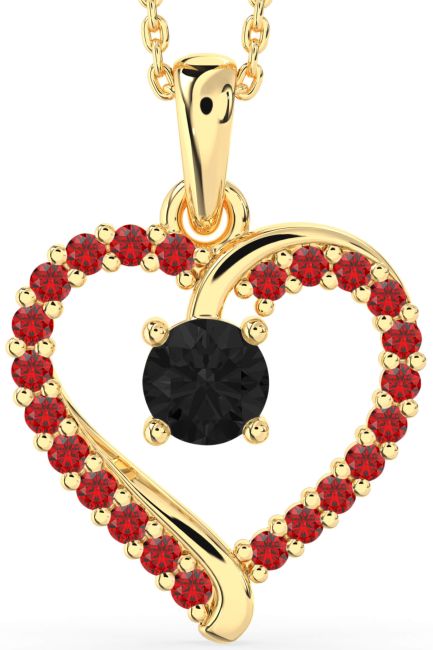 Black Diamond & Ruby Gold Silver Heart Necklace