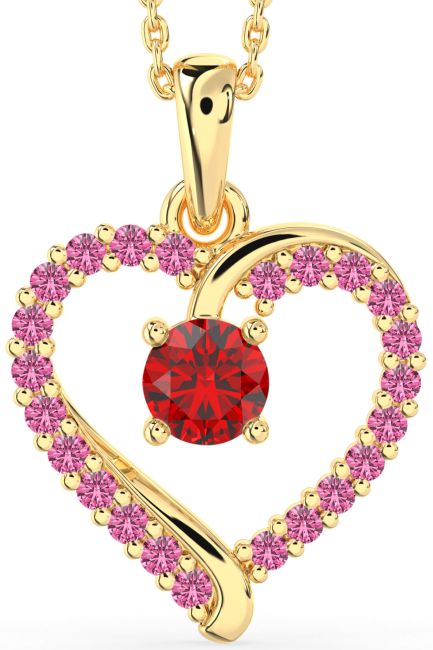 Ruby & Pink Sapphire Gold Silver Heart Necklace