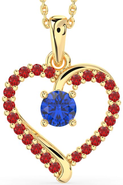 Blue Sapphire & Ruby Gold Silver Heart Necklace