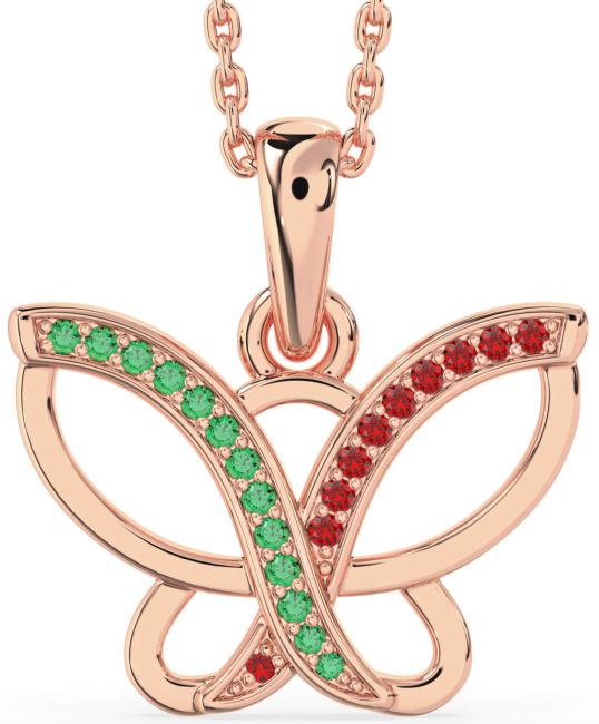Emerald & Ruby Rose Gold Silver Butterfly Necklace
