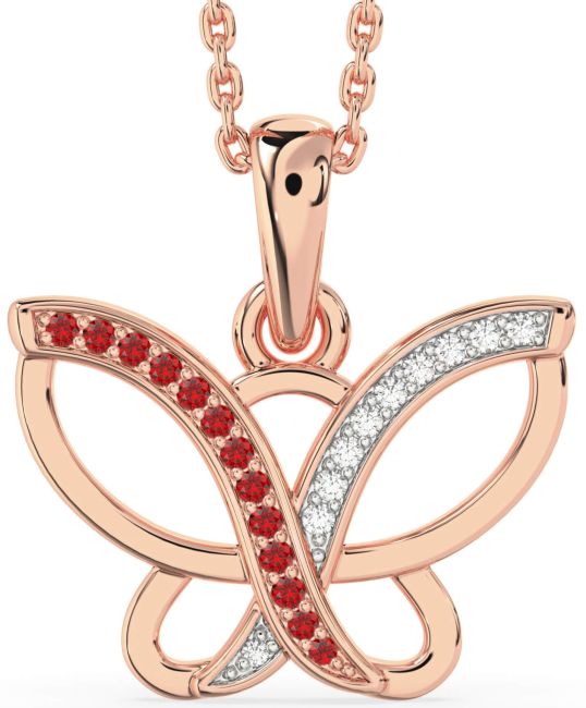 Diamond & Ruby Rose Gold Silver Butterfly Necklace
