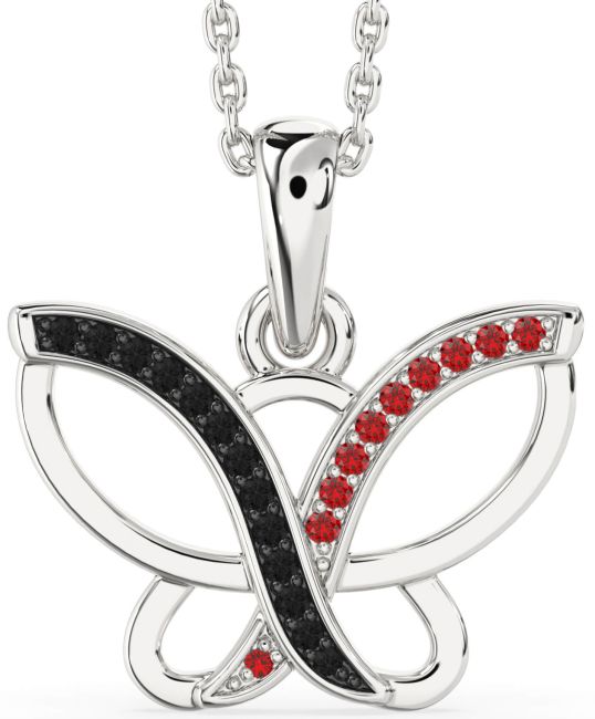 Black Diamond & Ruby Silver Butterfly Necklace