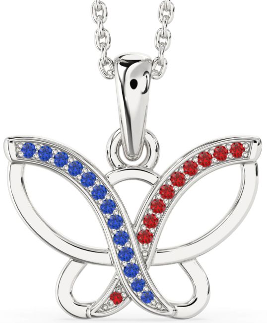 Blue Sapphire & Ruby Silver Butterfly Necklace