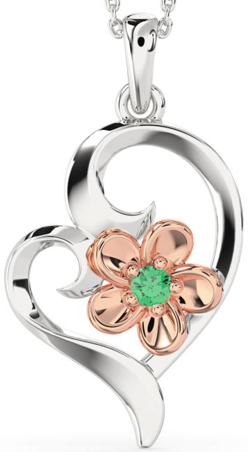 Emerald Rose Gold Silver Heart Flower Necklace