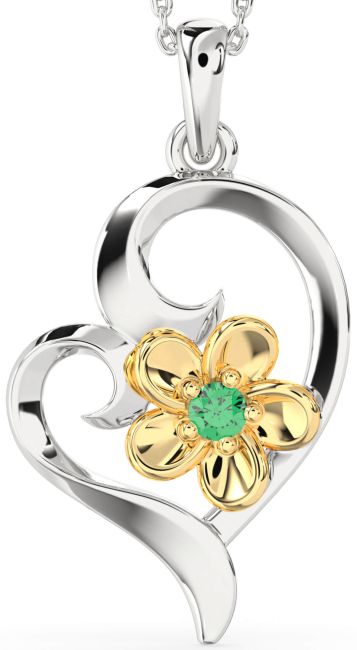 Emerald Gold Silver Heart Flower Necklace